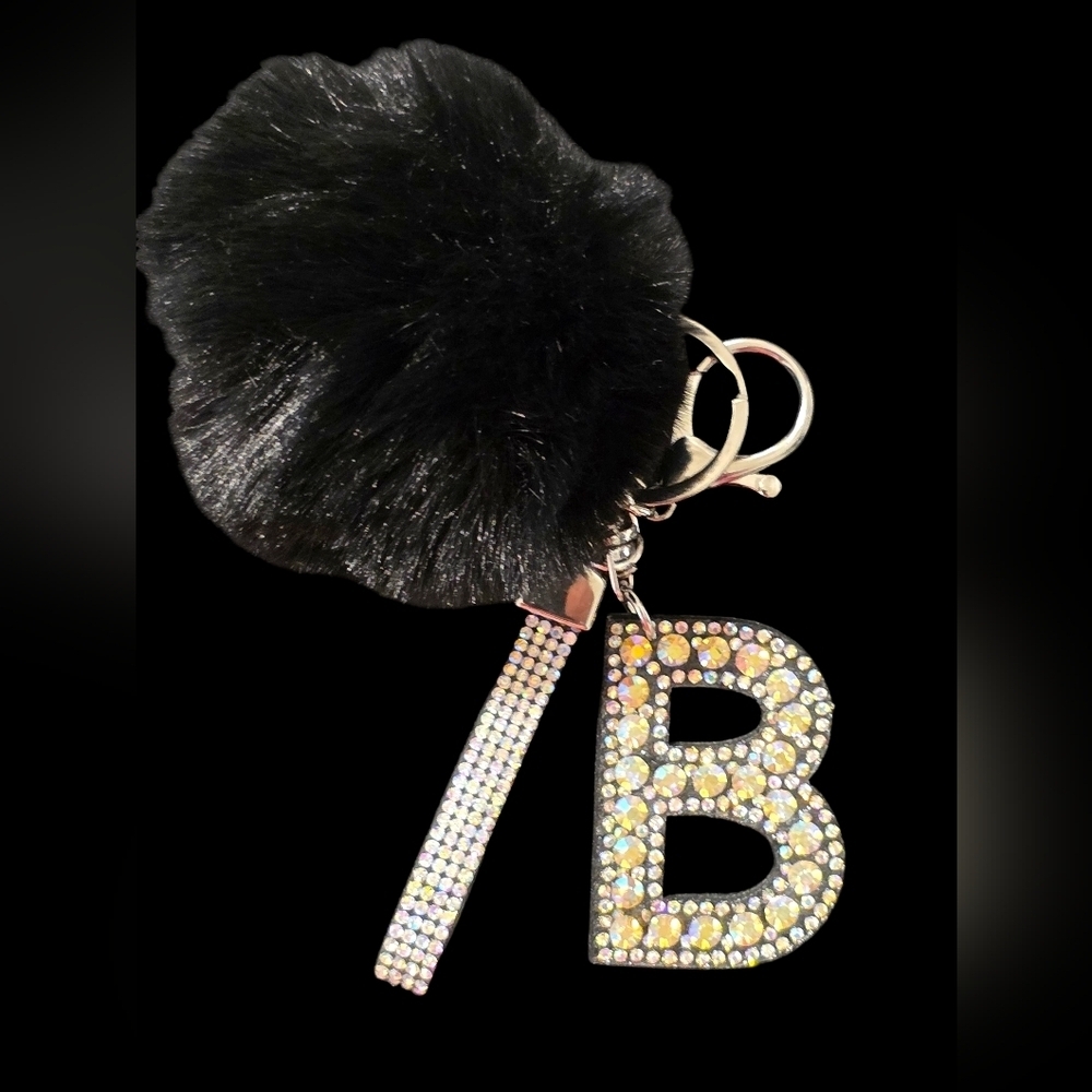 Black Pom Pom Bag Charm Keychain with Rhinestone Letter B